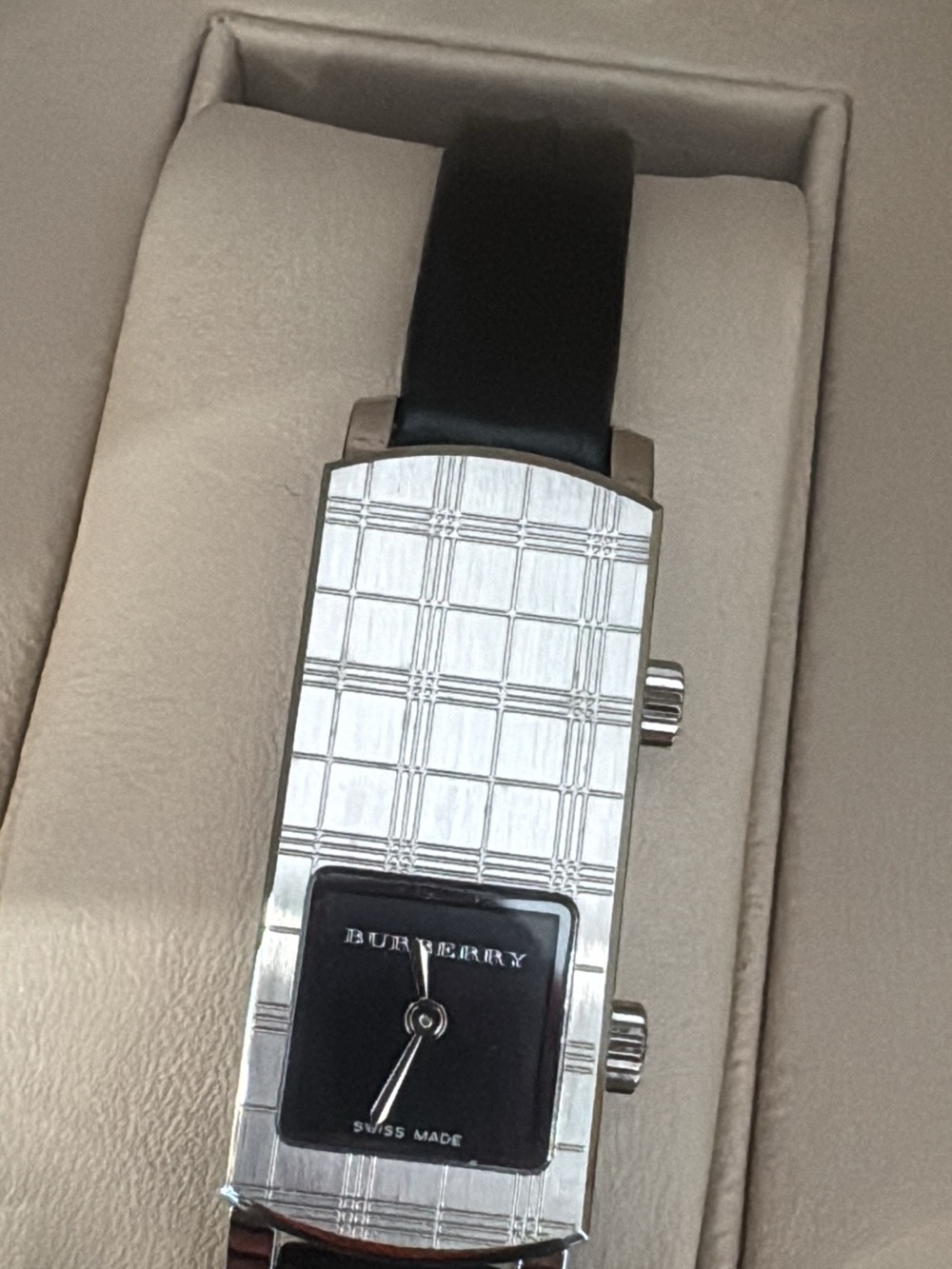 Burberry Silver-Tone Rectangular Watch with Black Leather Strap - Picture 2 of 2